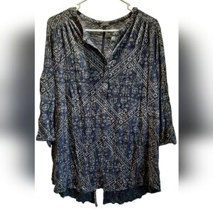 Lucky Brand Blouse Womans 1X Blue Floral Western Casual Lightweight Classic